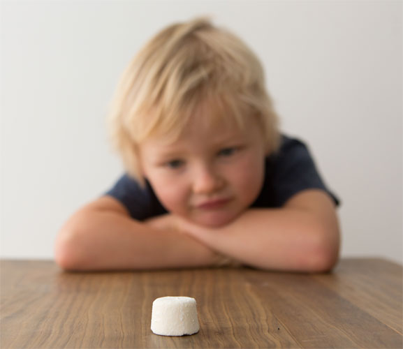 Boy performing the marshmallow test of self-control